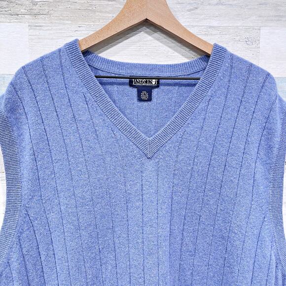Lands End Ribbed 100% Cashmere Sweater Blue V Neck Sleeveless Mens XXL 2XL - Picture 2 of 6